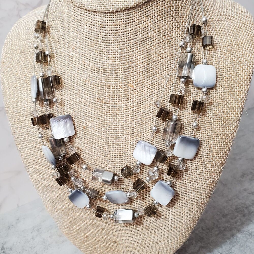 Vintage Necklace Multi Strand Gray White Beads Silvertone 9.5" drop Statement